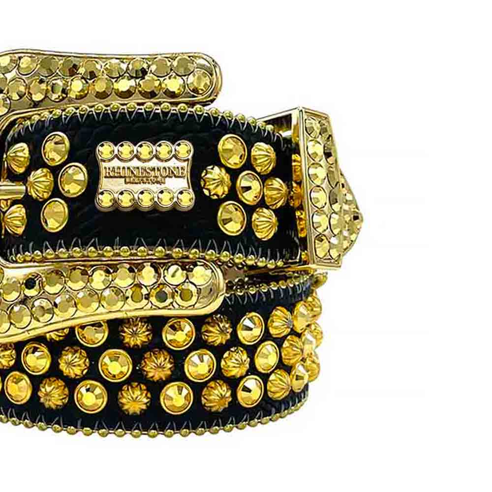 Black Strap With Gold Studded BB Rhinestone Belt