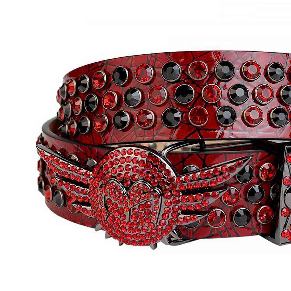Rhinestone Red Belt And Black & Red stones Dark Grey Angel Wings Shaped Buckle studded With Red & Black Rhinestones