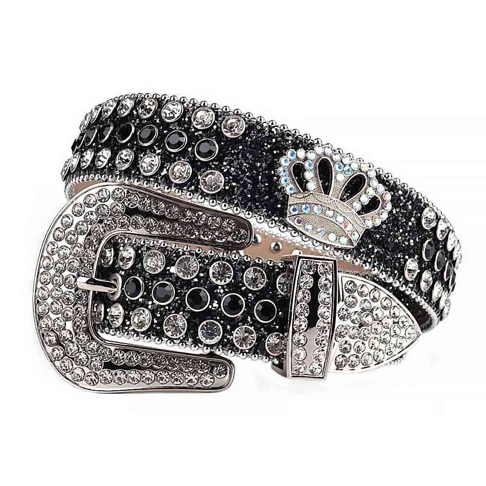 Sm Rhinestones Black Leather Strap Belts Crystal White And Black Stones With Crown