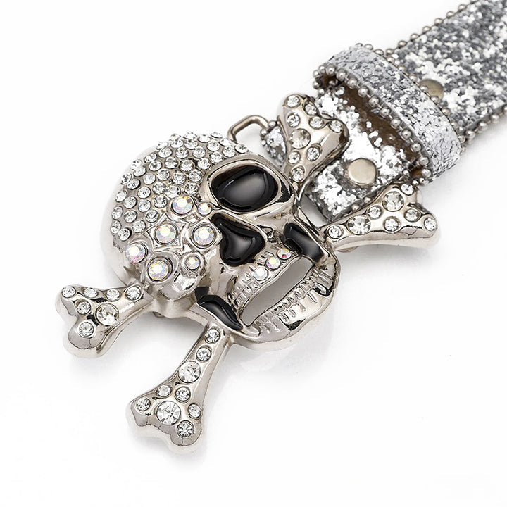 Skull Buckle Silver Shiny Strap With Crystal Studded Rhinestone Belt