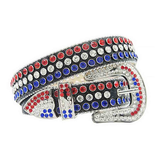 Black Strap With Blue, Red & White Studded Rhinestone Belt