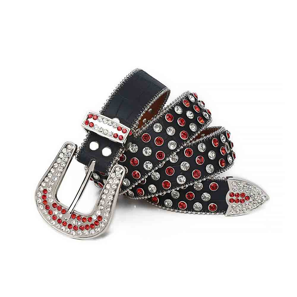 Black Strap With Red & White Rhinestone Sparkling BB Belt