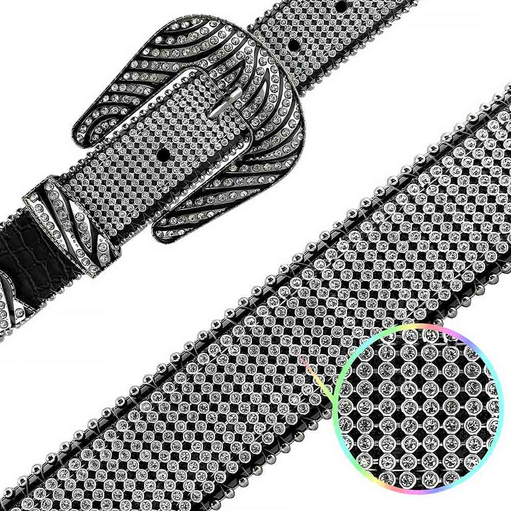 Black With Design White Stones Studded Rhinestones Belts