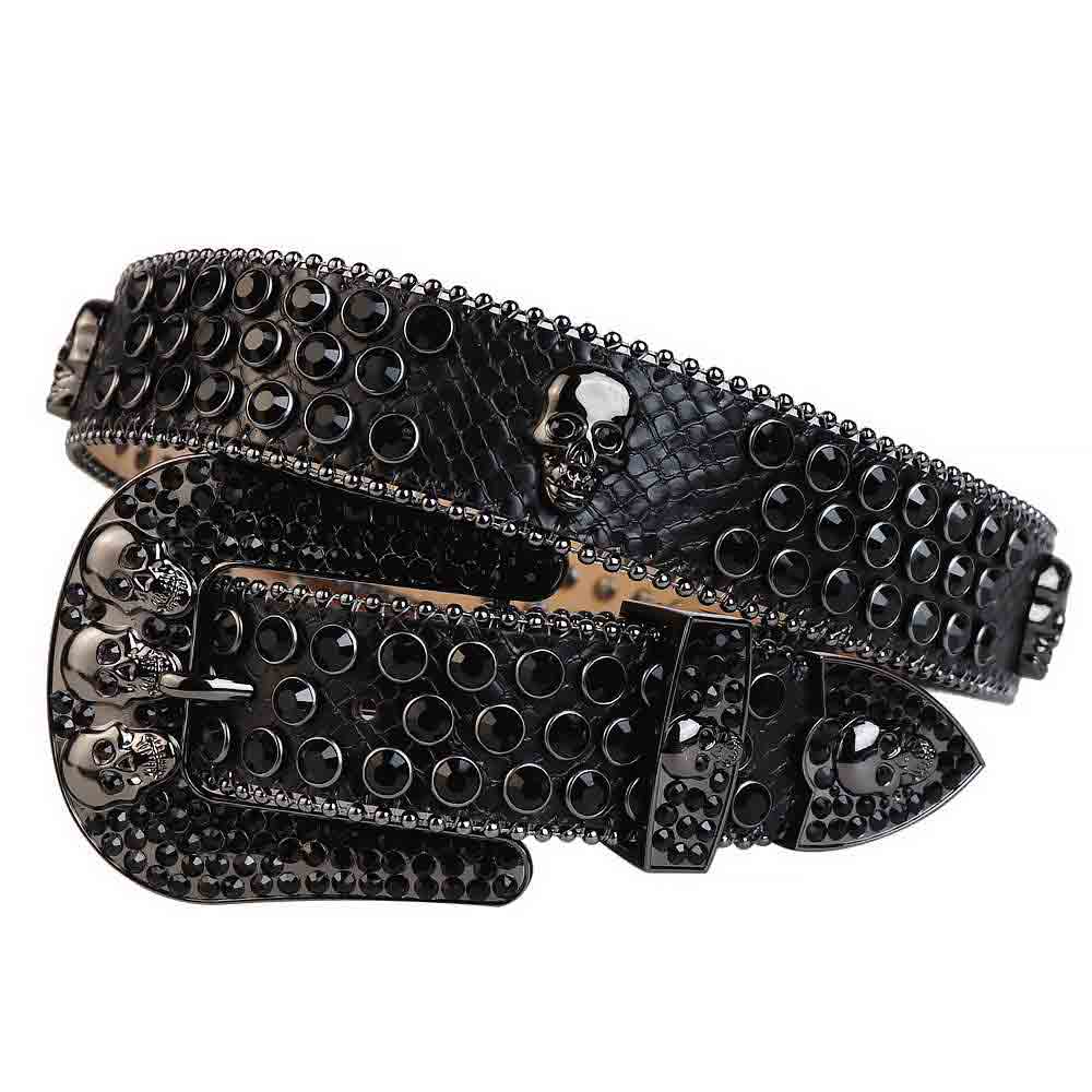 Black Leather Belt And Black Buckle Studded with Black Rhinestones ...