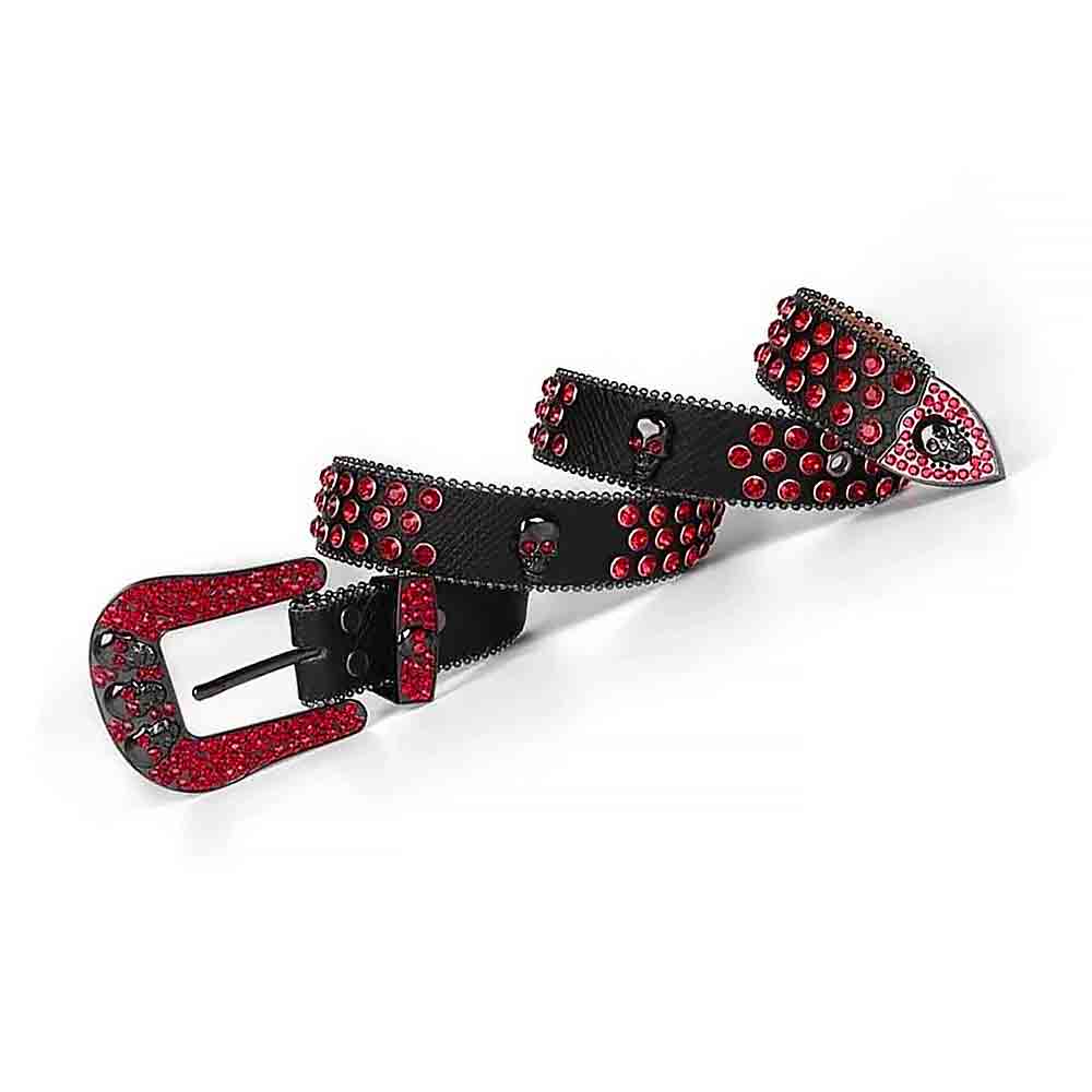 Black Strap With Red Studded Rhinestone Belt with Black Skulls Red Buckle