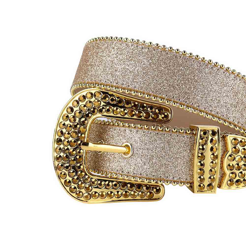 Champagne Gold Shining Leather Belt and Gold Buckle with Gold Rhinestones