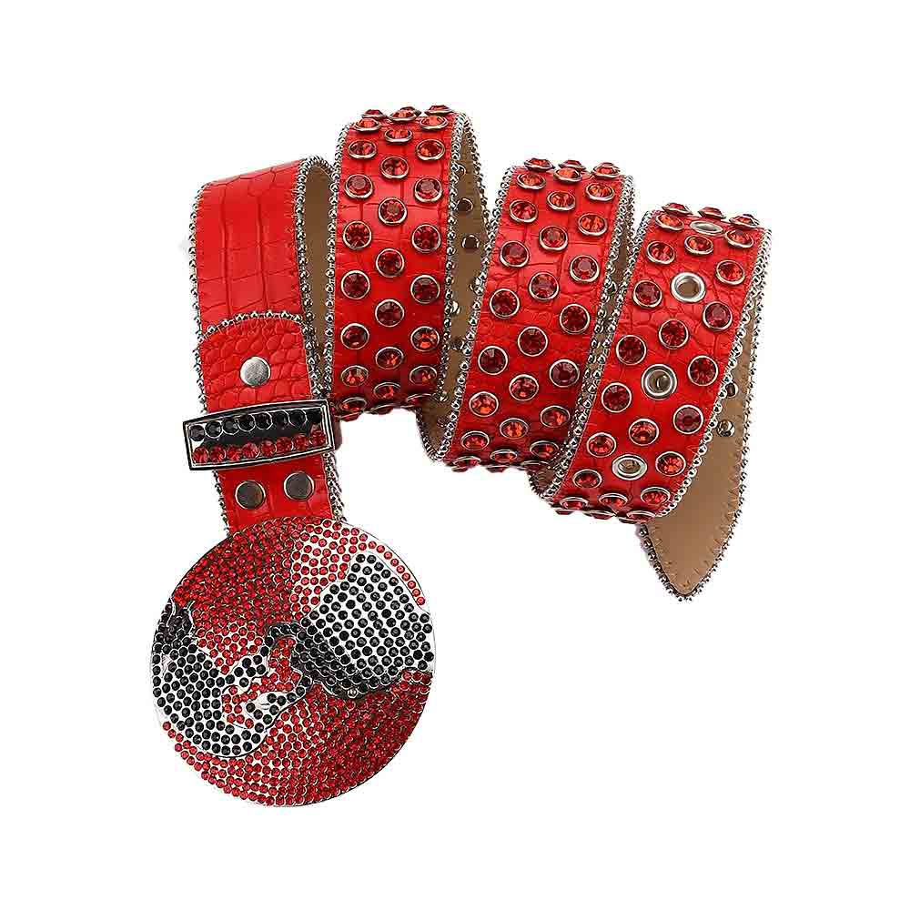 Globe Buckle Red Strap With Red Studded Rhinestone Belt