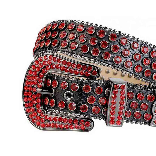Black Strap With Red Studded Rhinestone Belt with Black Red Buckle