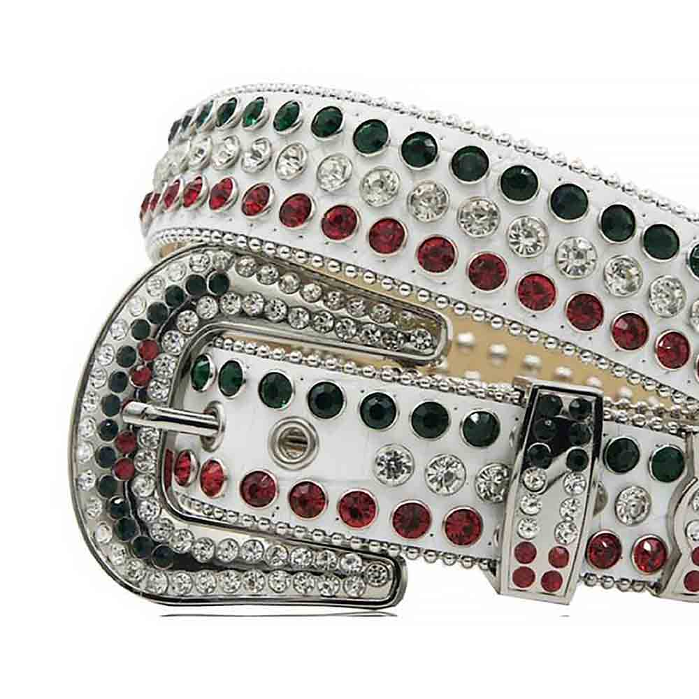 Rhinestones Leather Belt White Green with Red