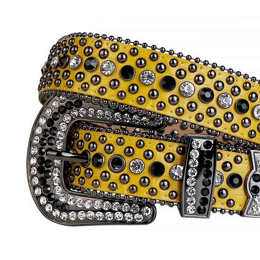 Rhinestones Leather Belt Yellow With Studs Black And White Stones
