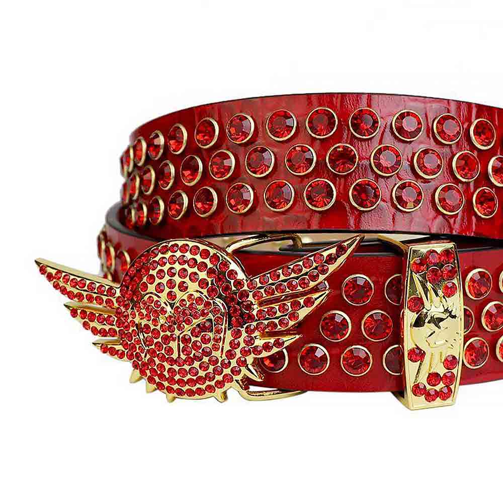 Red Strap With Red Studded Rhinestone Belt with Shiny Gold Angel Wings Red Buckle