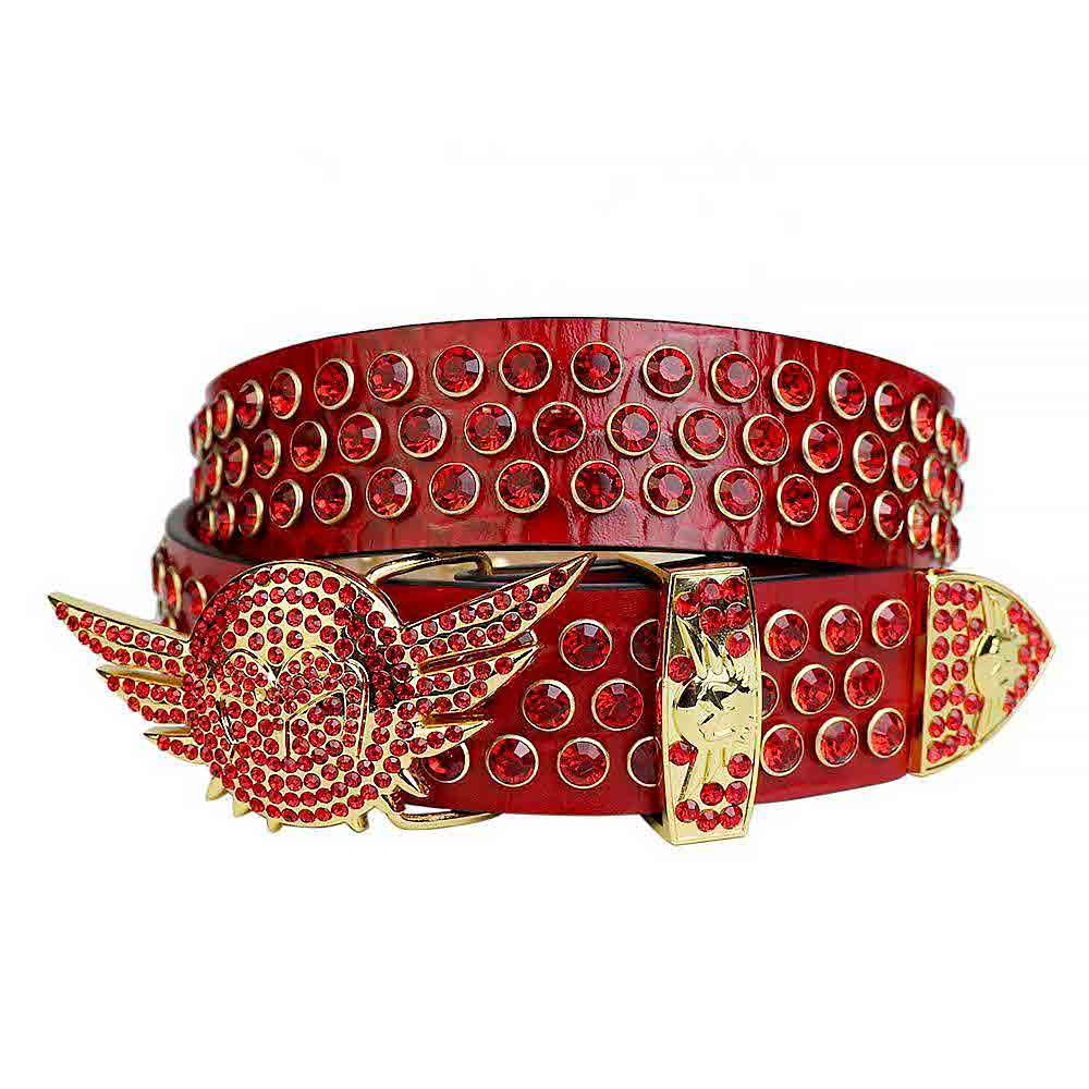 Red Strap Red Rhinestone Belt with Shiny Gold Angel Wings  display picture 1