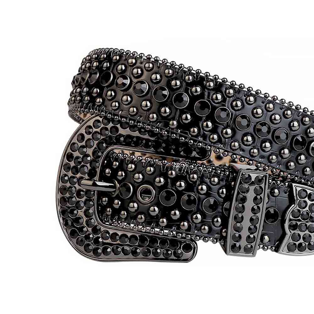 Rhinestone Studded Black Leather Belt with Black Stones