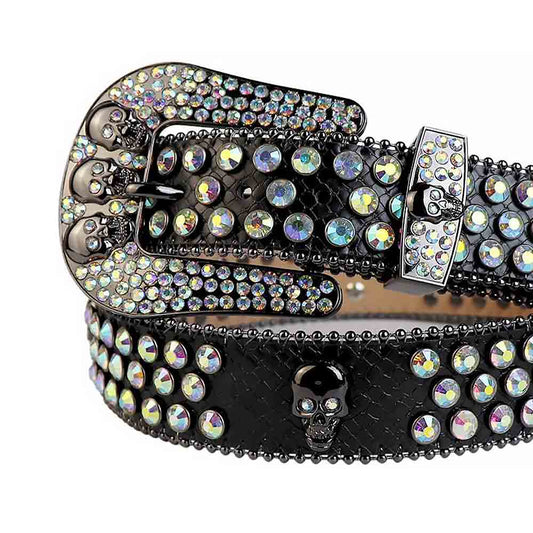 Rhinestone Black Belt And Multi Colour stones Black Skulls Buckle studded With Multi Color Rhinestones