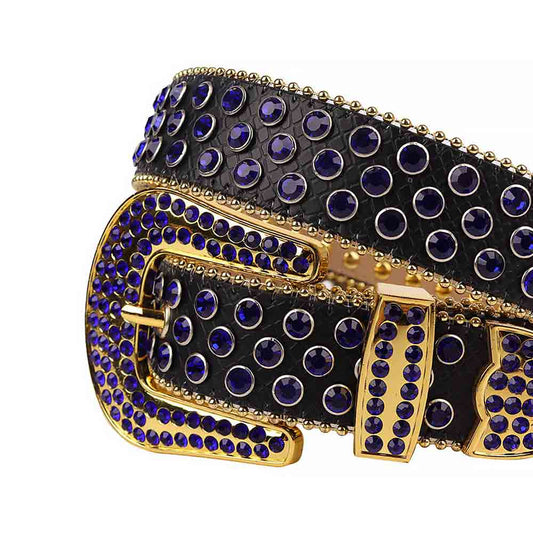 Rhinestone Black belt and Blue Crystal Diamonds with Gold Buckle Studded with Blue Crystal Diamonds Rhinestones