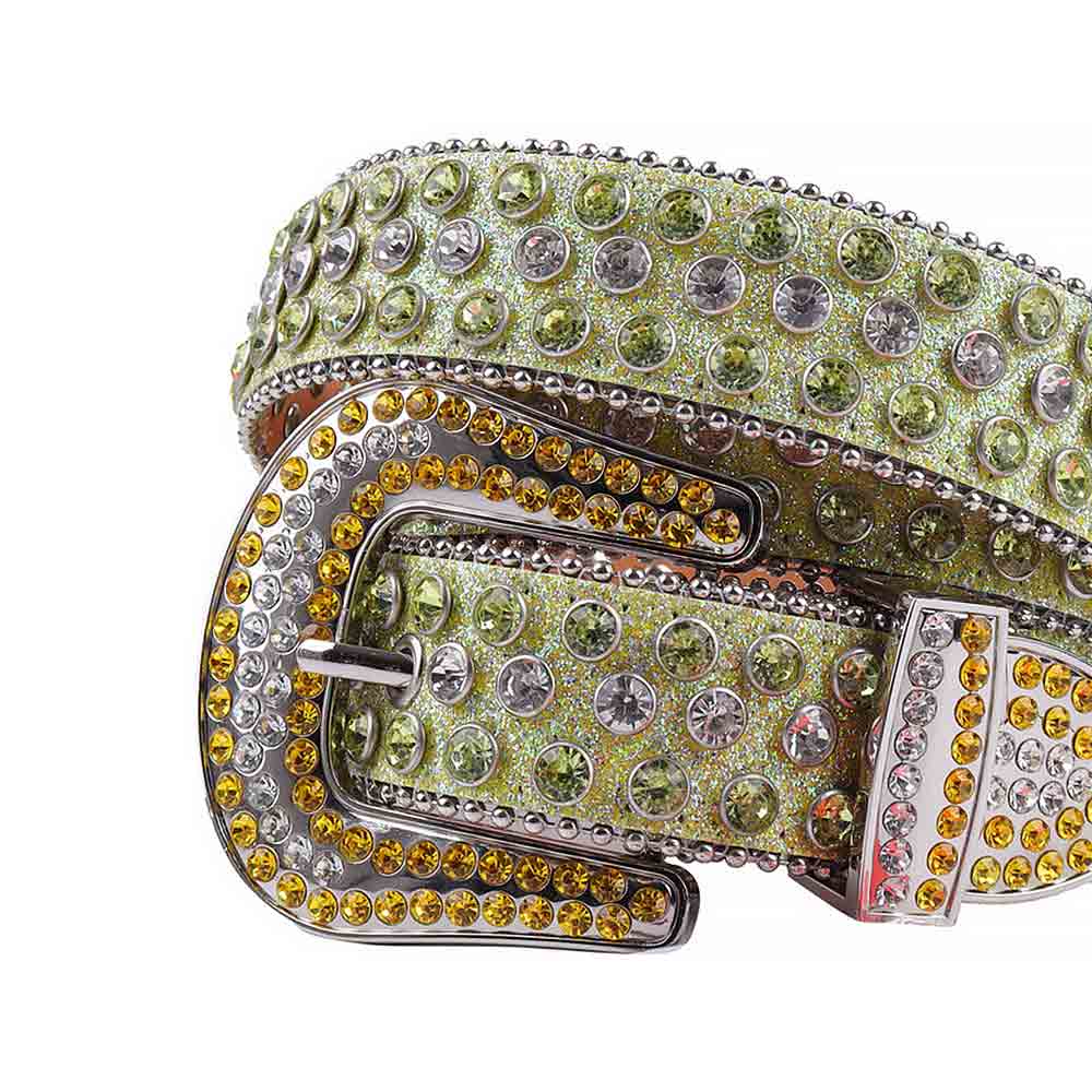 Rhinestone Green Belt and White Green Crystal Diamonds Silver Buckle Studded with White and Orange Crystal Diamonds Rhinestones