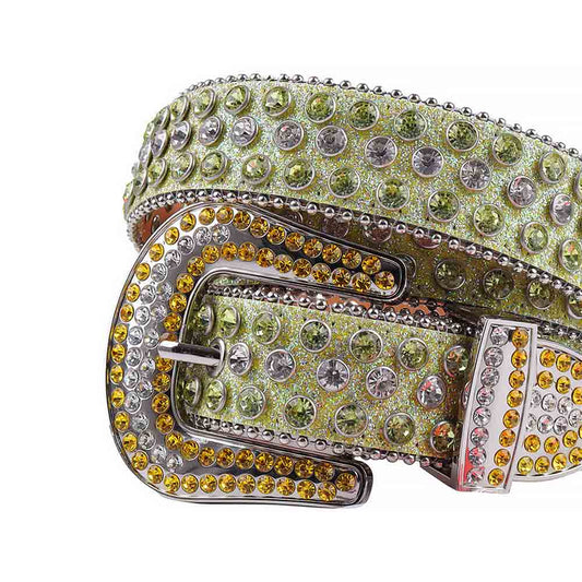 Rhinestone Green Belt and White Green Crystal Diamonds Silver Buckle Studded with White and Orange Crystal Diamonds Rhinestones