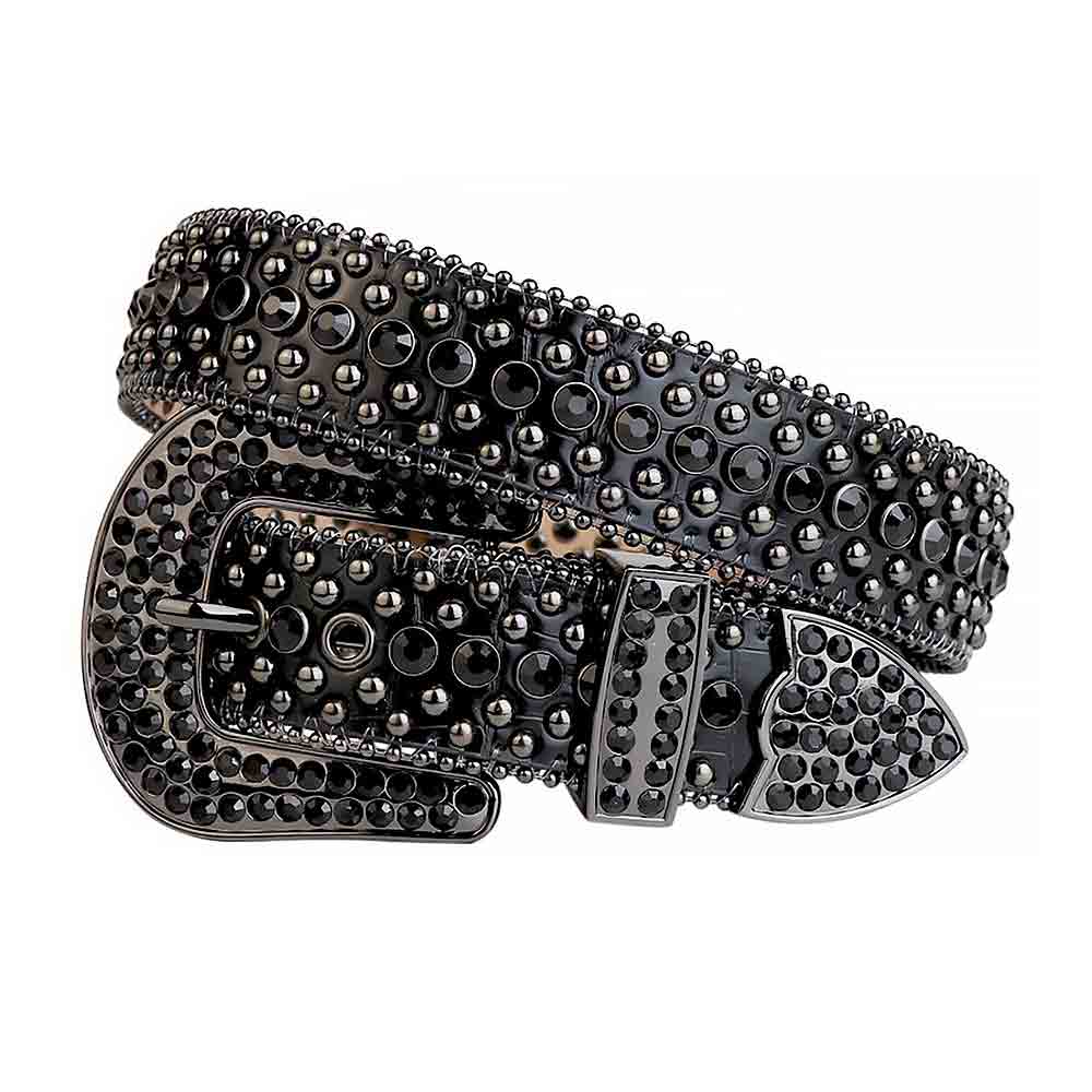 Black Leather Belt with Stone Face Belt Buckle Beltiscool Western Cowboy Rhinestone Bling Mesh Stone Belt  main image 4