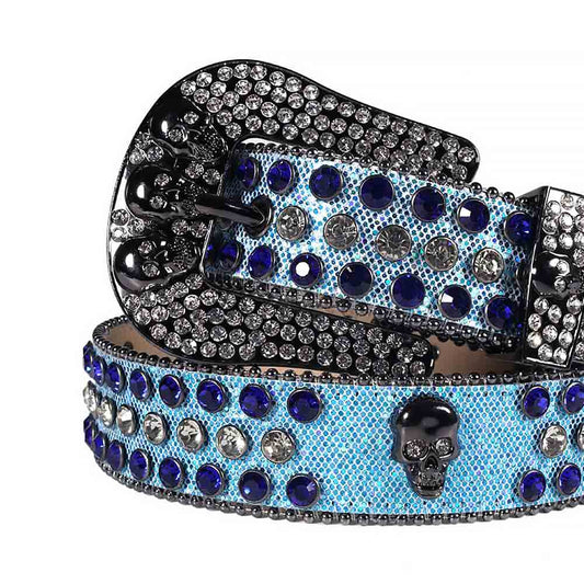 Rhinestones Glitter Light Blue Leather Strap Skull Buckle Belts With Royal Blue And Crystal White Stones
