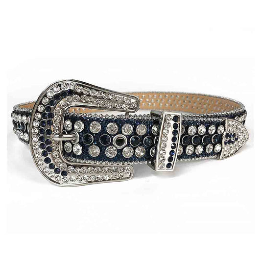 Rhinestones Leather Belt Dark Blue with White Stones
