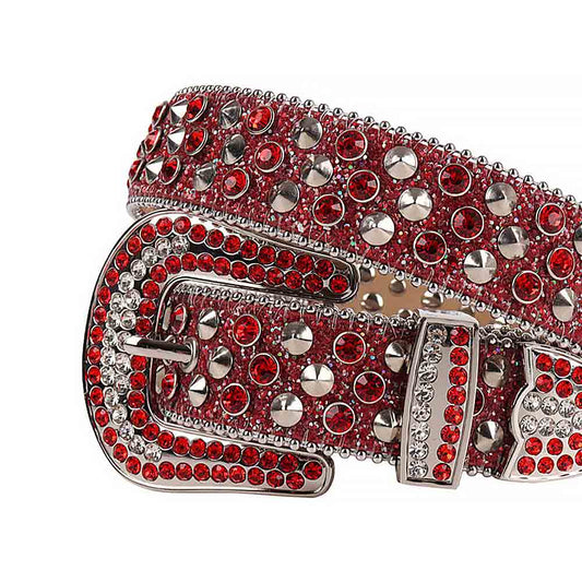 Rhinestones Leather Belt Red Glitter With Studs And Red Stones