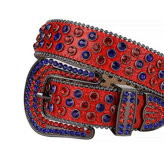 Rhinestones Leather Belt Red With Red And Blue Stones