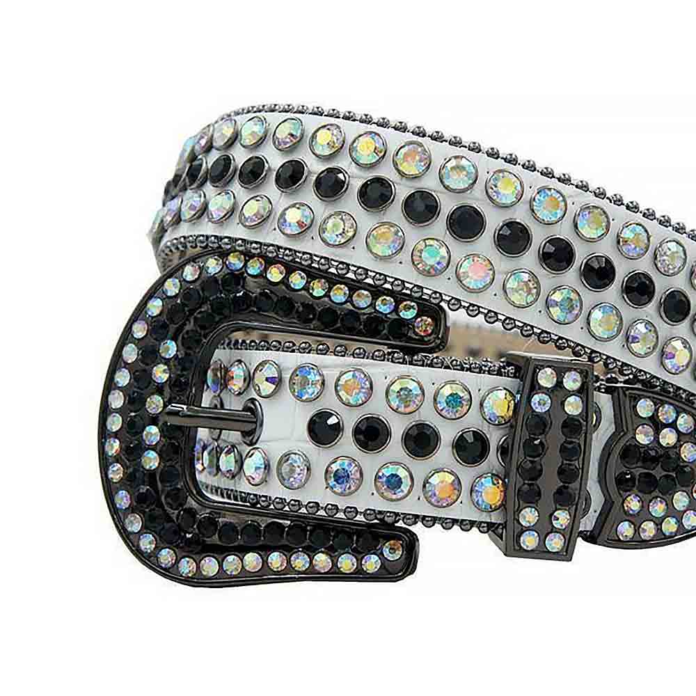 Rhinestones Leather Belt White With Black And Multi Stones