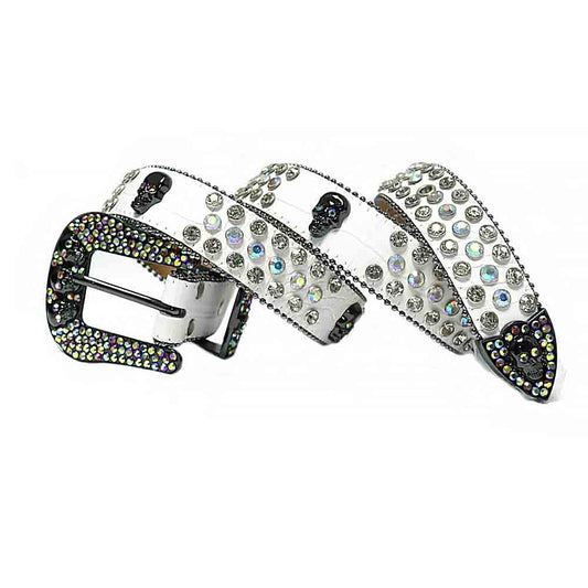 Rhinestones Leather Belt White with 7 Skulls and Multi Stones