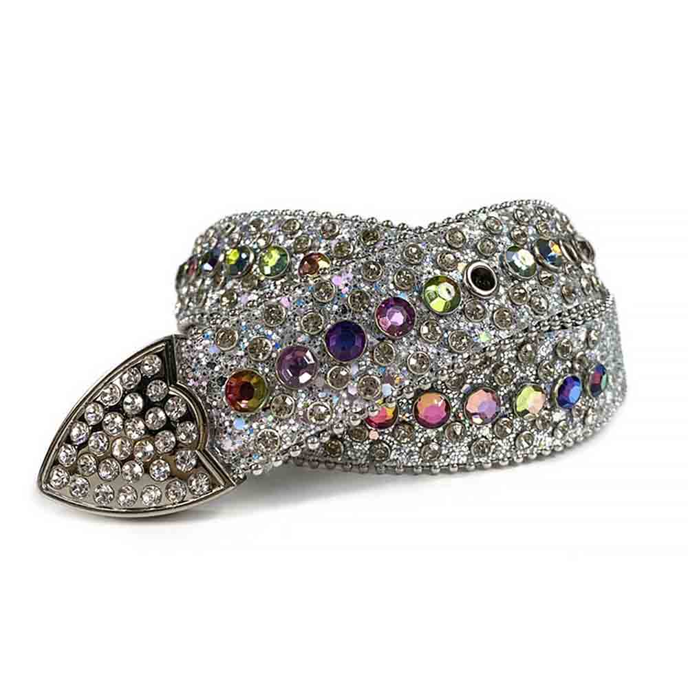 Rhinestones Leather Belt White with Colors Stones