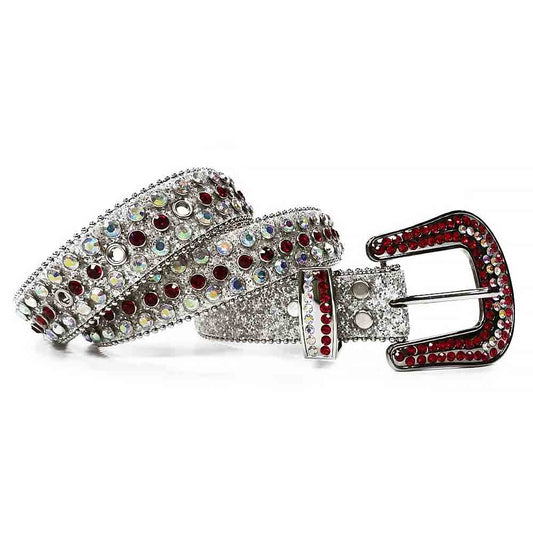 Rhinestones Leather Belt White with Red