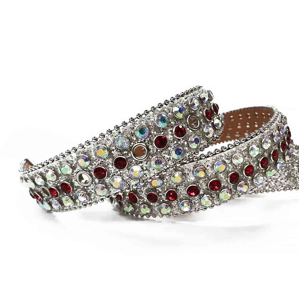 Rhinestones Leather Belt White with Red