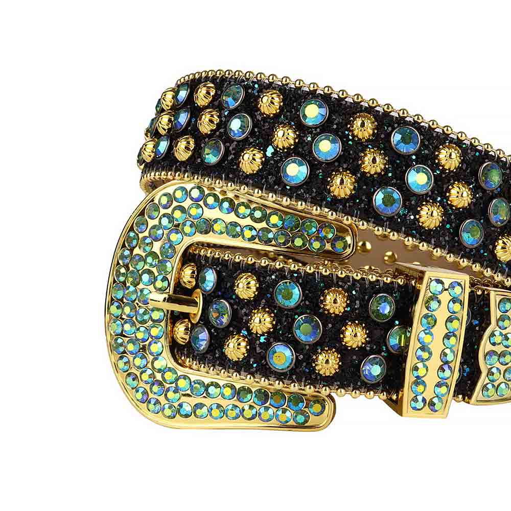 Rhinestones Leather Belt Black Glitter With Studs And Multi Stones