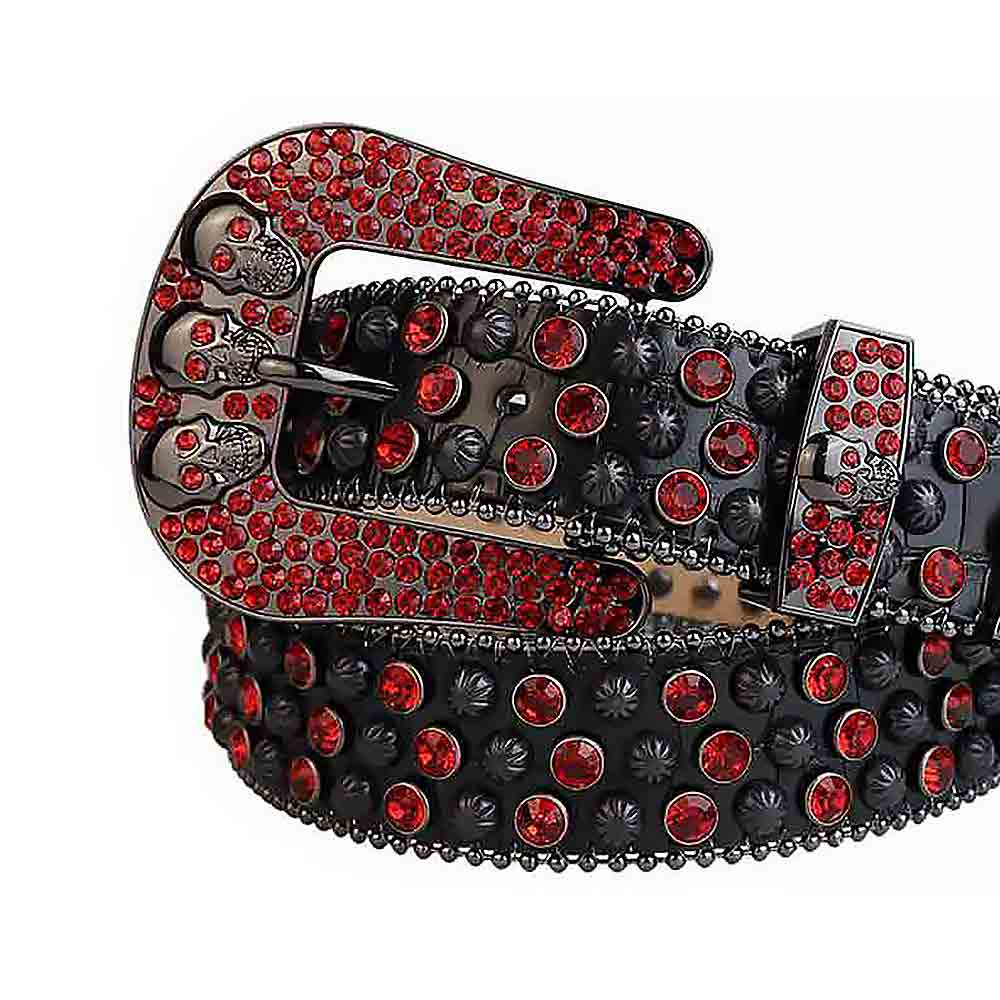 Rhinestones Leather Belt Black With Skull Red Stones