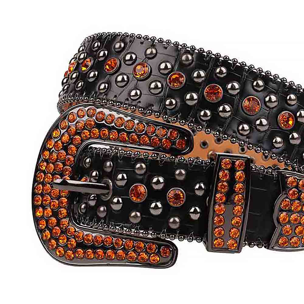 Rhinestones Leather Belt Black With Studs And Orange Stones