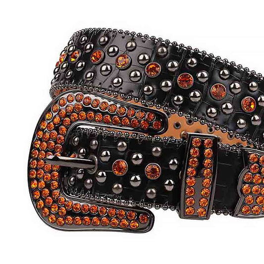 Rhinestones Leather Belt Black With Studs And Orange Stones