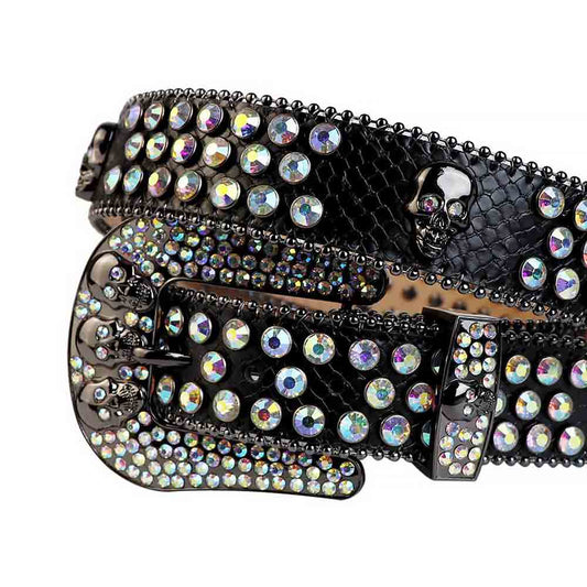 Rhinestones Leather Belt Black with 7 Skulls and Mutli Stones