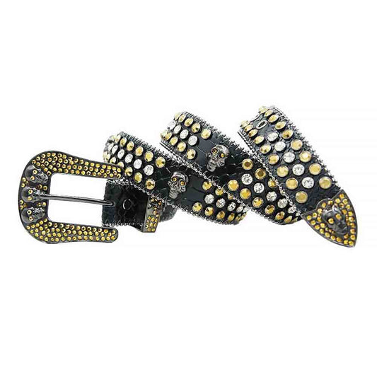 Rhinestones Leather Belt Black with 7 Skulls, Gold and White Stones