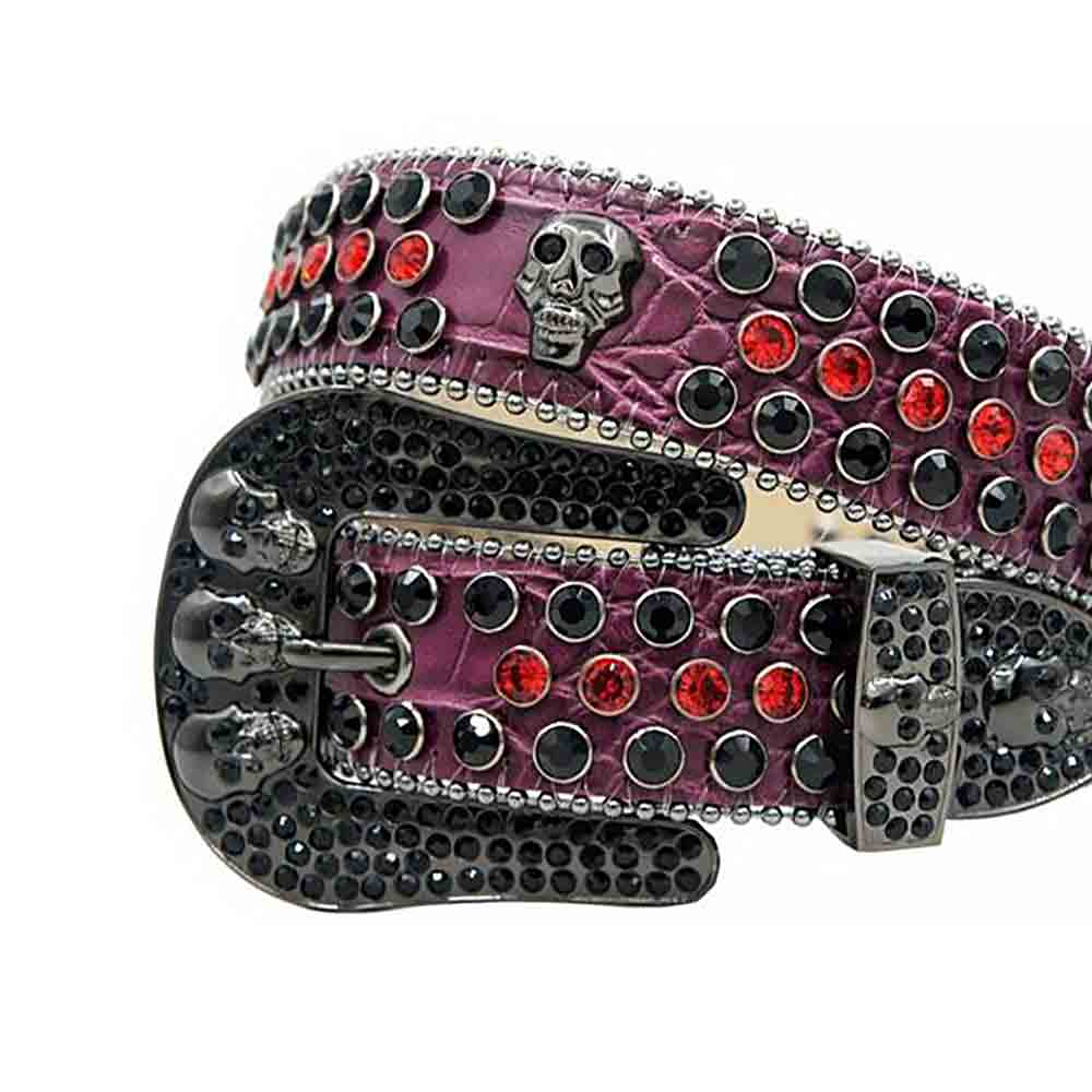 Rhinestones Leather Belt Black with 7 Skulls, Red and Black Stones