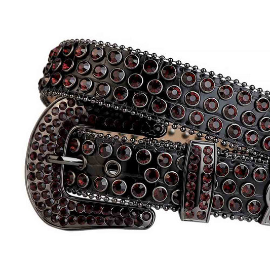 Rhinestones Leather Belt Black with Maroon Stones