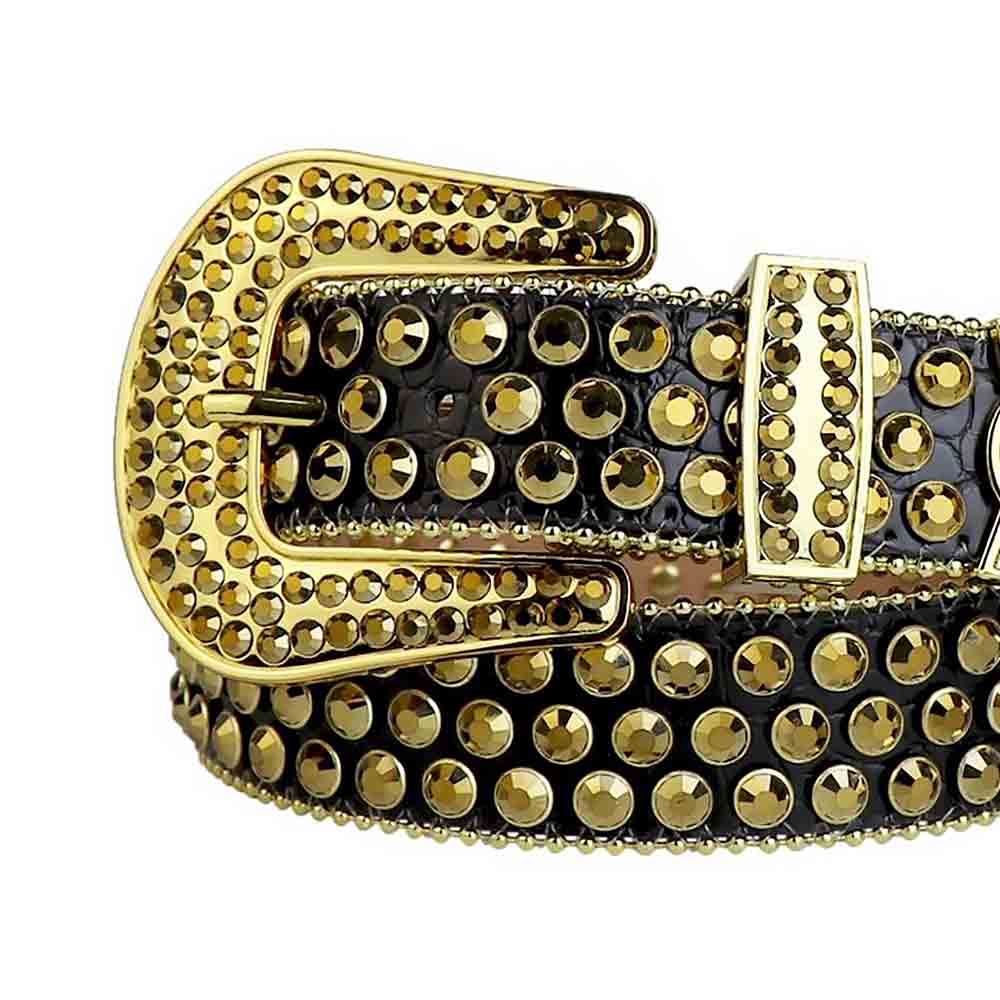 Rhinestones Leather Belt Black with Shining Golden Stones
