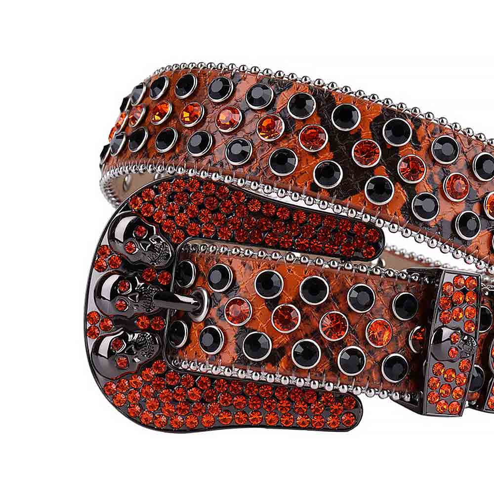 Rhinestones Leather Belt Orange And Black Skull With Orange And Black Stones
