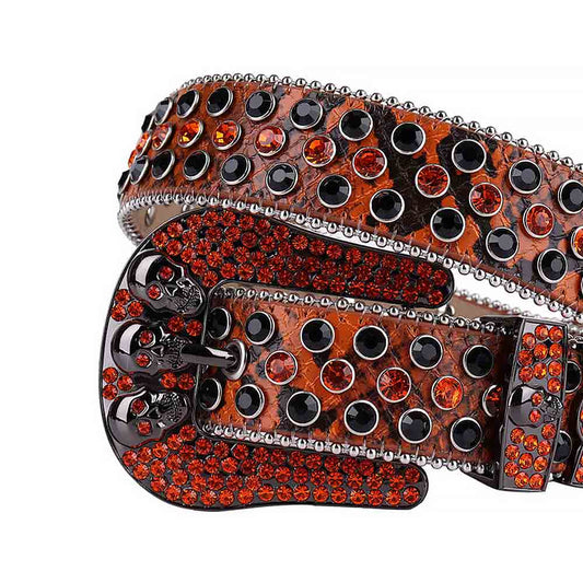 Rhinestones Leather Belt Orange And Black Skull With Orange And Black Stones