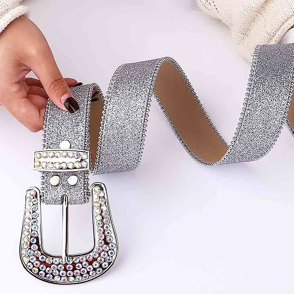Rhinestones Leather Belt Silver Glitter With Multi Stones