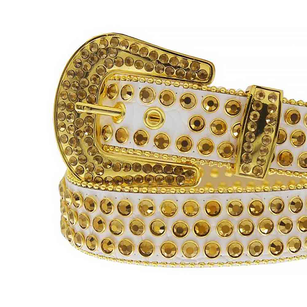 Rhinestones Leather Belt White and Gold