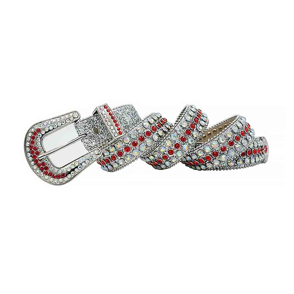 Rhinestones Leather Belt White with Red Stones
