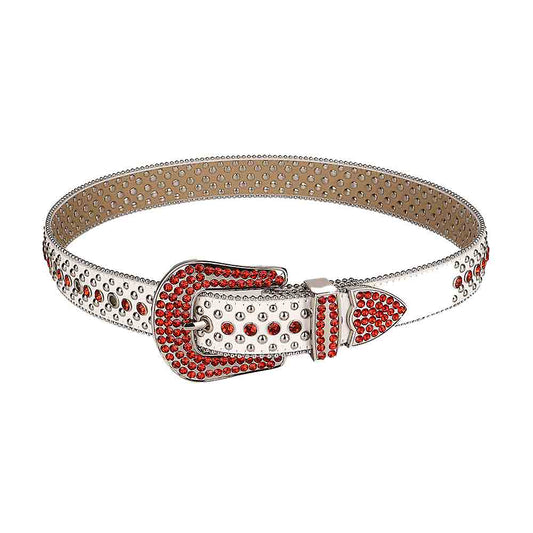 Rhinestones White Leather Belt With Red Stones Studs