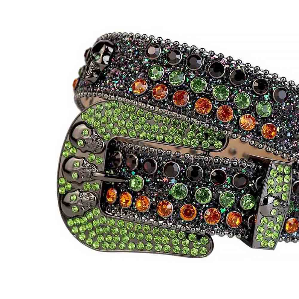 Rhinestones Glitter Black Leather Belts Skull Buckle With Black Green And Orange Stones