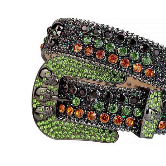 Rhinestones Glitter Black Leather Belts Skull Buckle With Black Green And Orange Stones