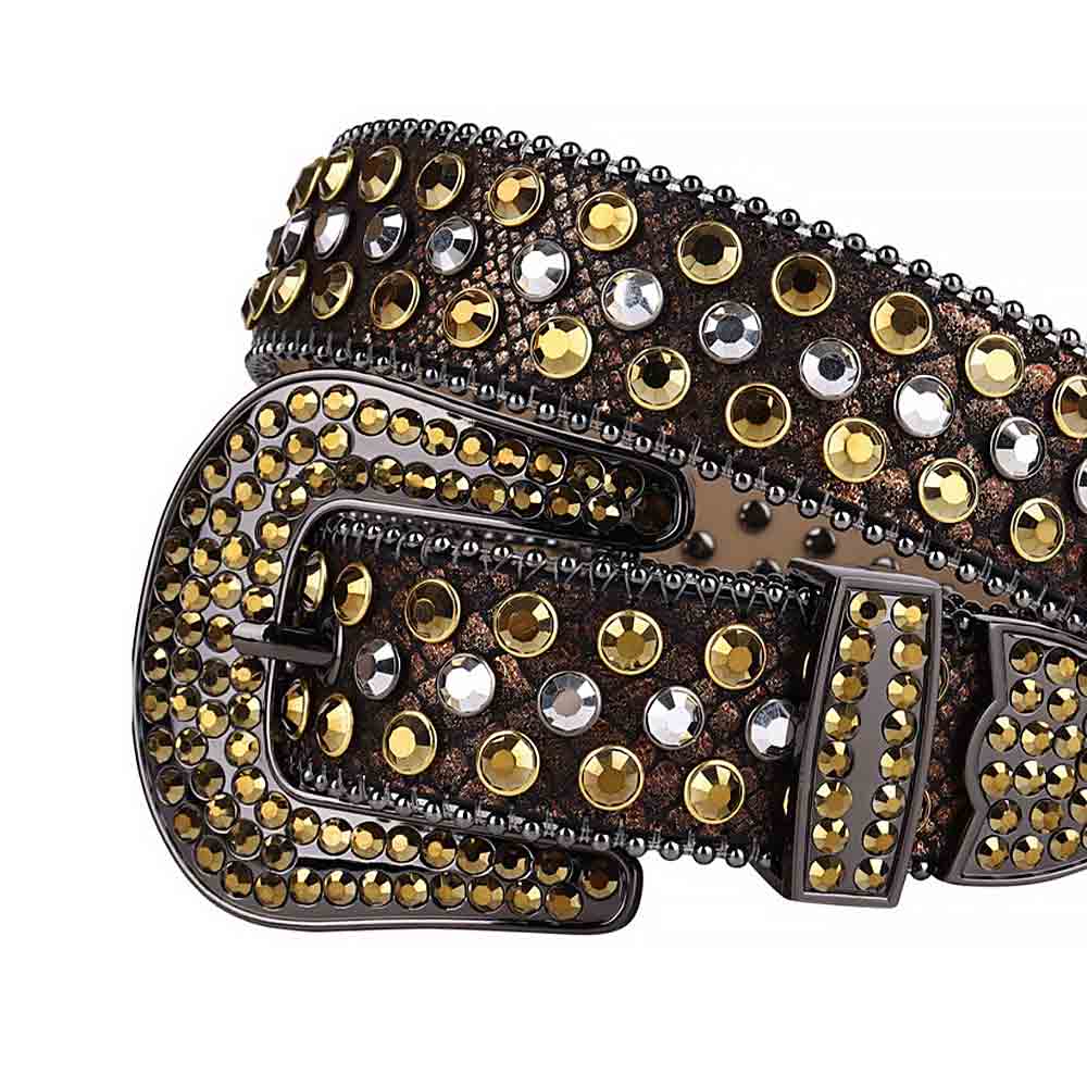 Rhinestones Leather Belt Brown With White And Gold Stones