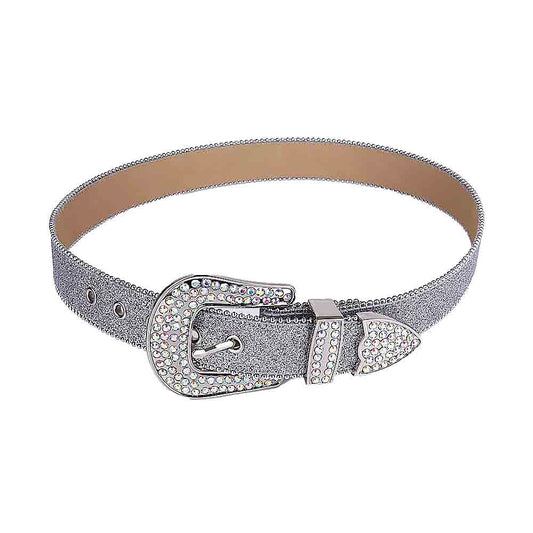 Rhinestones Leather Belt Silver Glitter With Multi Stones